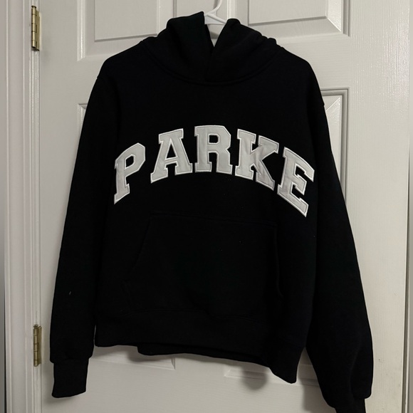 Parke Varsity Hoodie Sweatshirt. Size S/M and in the color  Black + White. - Picture 2 of 2